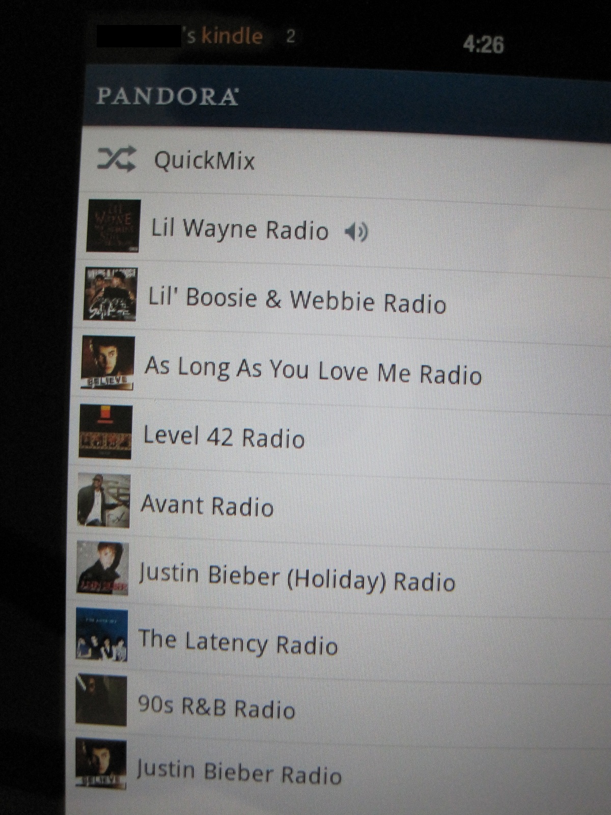 The previous owner's Pandora radio stations.